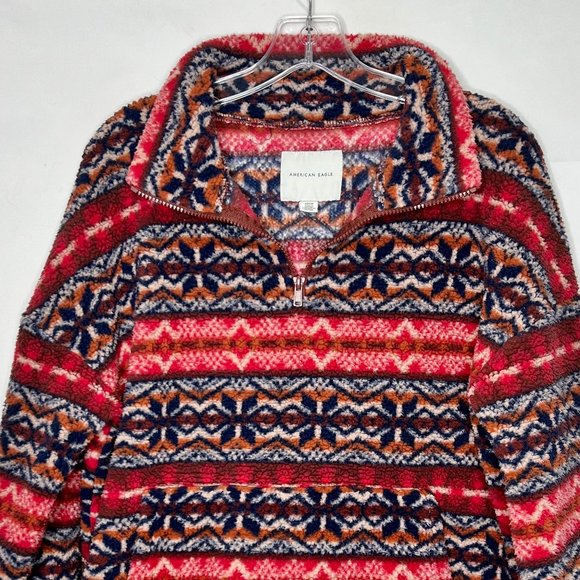 American Eagle Woman’s Top Sm 1/4 Zip Fleece Pullover Red Black Fair Isle Pocket - Picture 3 of 10